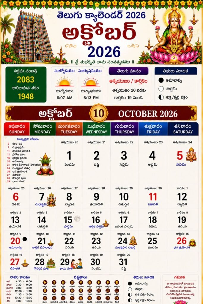 Telugu Calendar 2026 October